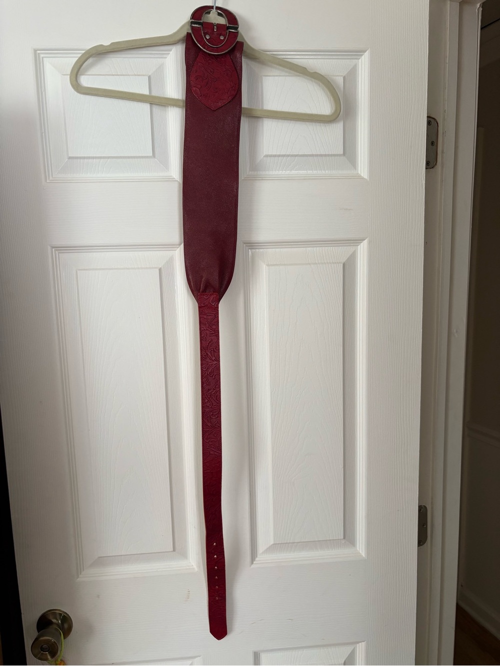 Wide Burgundy Leather Fashion Belt with Embossed Detail